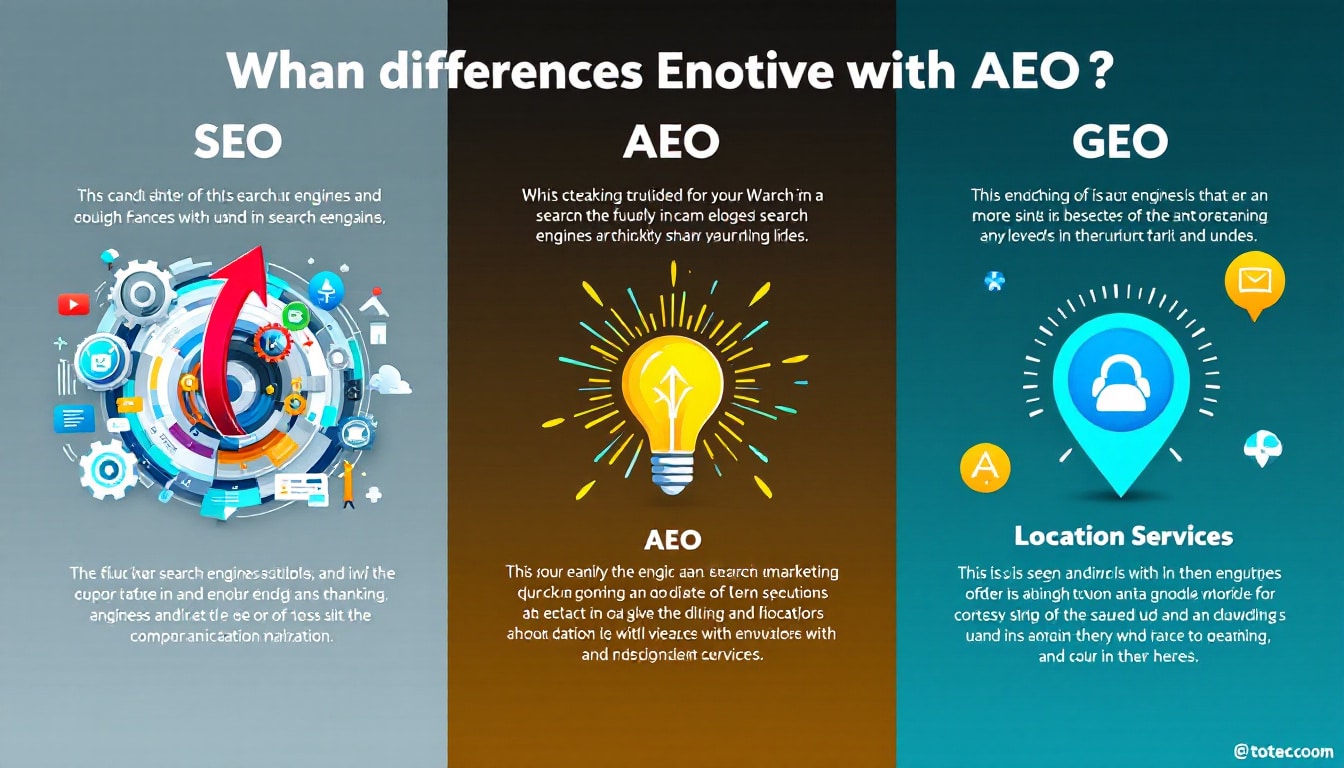 découvrez les différences essentielles entre le seo (search engine optimization), l'aeo (app store optimization) et le geo (geolocation optimization) dans notre infographie. apprenez comment chaque technique peut optimiser votre présence en ligne et attirer davantage de visiteurs.